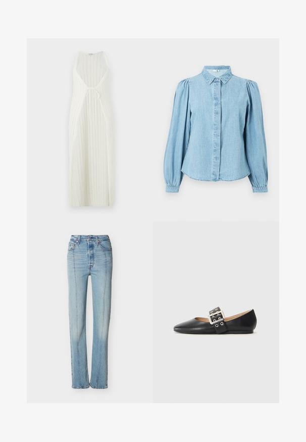 Vestido maxi de punto blanco con escote en V, lados abiertos y cierre ajustable con lazo en la cintura. Presenta un patrón de rayas verticales.; Camisa de mezclilla azul claro con cuello puntiagudo, botones en la parte delantera y mangas largas abullonadas. Textura lisa con dobladillo redondeado.; Vaqueros azul claro de talle alto y corte recto con costuras delanteras, cierre de botón y diseño de cinco bolsillos sobre un fondo blanco.; Zapato plano de cuero negro con punta puntiaguda y una tira decorativa con hebilla, con herrajes plateados y pequeños recortes.