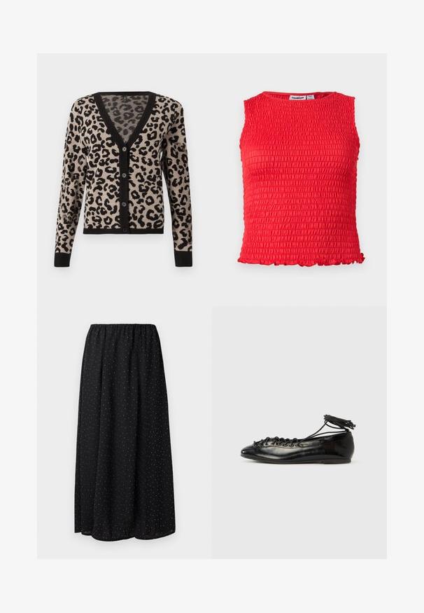 Leopardenmuster-Cardigan in Beige und Schwarz, mit V-Ausschnitt, langen Ärmeln, Knopfverschluss sowie gerippten Bündchen und Saum. Aus weichem Strickstoff.; Ärmelloses rotes Crop-Top mit gerafftem, strukturiertem Stoff und kleinem, gerafftem Saum entlang des unteren Randes.; Schwarzer Rock aus leichtem Stoff mit einem gerafften Bund. Er hat ein Muster aus kleinen weißen Punkten auf dem gesamten Stoff.; Schwarze Ballerinas aus Lackleder mit runder Spitze, Schnürdesign und flacher Sohle. Glatte Textur mit minimaler Verzierung.