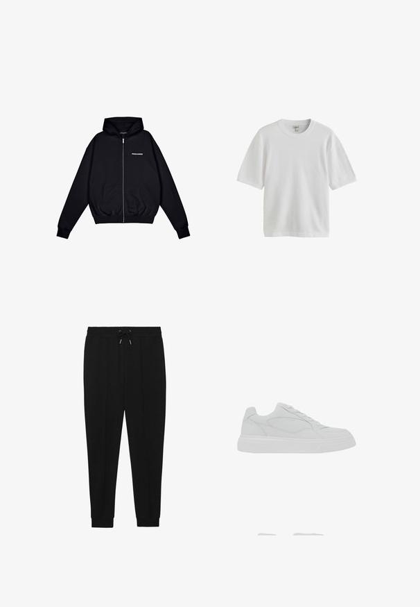 Sort zip-up hoodie lavet af blødt stof, med en front kangaroo lomme, snorhætte og lille "PEGADOR" logo på venstre bryst.; Hvid kortærmet T-shirt med rund halsudskæring, vist mod en hvid baggrund.; Sorte træningsbukser med snøre i taljen, tapered ben og ribbede manchetter. Fremstillet af et blødt stof med en glat tekstur.; Hvid lavtop-sneaker med snørelukning, glat læderoverdel og tyk gummisål, vist fra ydersiden.