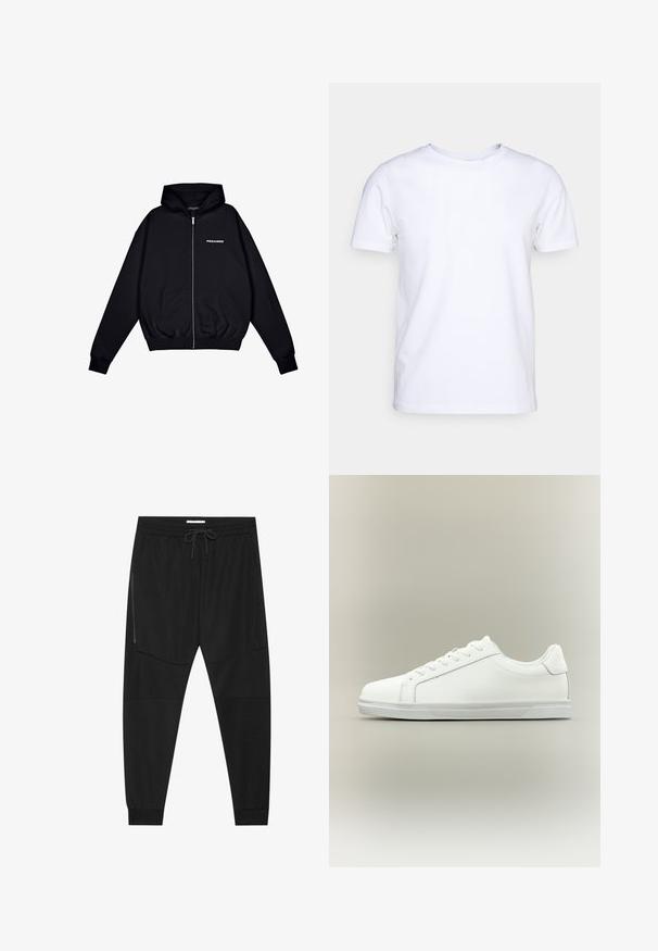 Sort zip-up hoodie lavet af blødt stof, med en front kangaroo lomme, snorhætte og lille "PEGADOR" logo på venstre bryst.; Hvid kortærmet t-shirt i bomuldsstof med rund halsudskæring. Enkel design uden mønstre eller detaljer. Glat tekstur.; Sorte træningsbukser lavet af tekstureret stof, med justerbar talje, lynlåslomme på siden og tapered cuffs.; Lavtop hvid sneaker med snørelukning foran og tekstureret gummisål mod en ensartet neutral baggrund.
