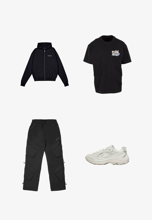 Sort zip-up hoodie lavet af blødt stof, med en front kangaroo lomme, snorhætte og lille "PEGADOR" logo på venstre bryst.; Sort bomulds t-shirt med et centralt grafisk motiv af en ræv, der holder en drink, med japanske tegn i lys farve på venstre brystområde.; Sorte cargo bukser lavet af et let, tekstureret materiale. Har en elastisk talje, flere store lommer og justerbare manchetter.; Hvid sneaker med en tekstureret overdel og en chunky sål. Den har buede linjer, subtile grå accenter og en snørelukning.