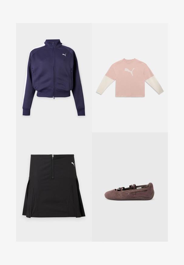 Veste de survêtement Puma bleu marine à fermeture éclair, avec bandes blanches sur les épaules, col montant, poches avant, poignets et ourlet côtelés, présentée sur fond uni.; Chemise rose à manches longues avec manches blanches et grand logo blanc Puma centré sur la poitrine sur un fond uni.; Jupe de sport noire avec fermeture éclair à l'avant et plis latéraux, arborant un logo Puma blanc sur le côté supérieur droit.; Ballerine plate en suède marron avec des lanières élastiques et une semelle texturée, vue de profil sur un fond clair uni.