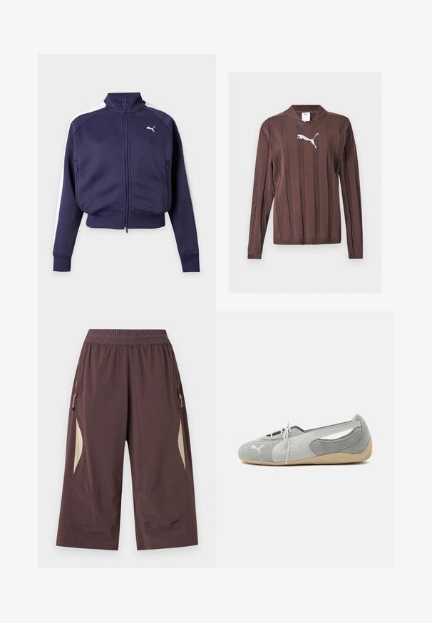 Veste de survêtement Puma bleu marine à fermeture éclair, avec bandes blanches sur les épaules, col montant, poches avant, poignets et ourlet côtelés, présentée sur fond uni.; Pull marron à manches longues avec des rayures verticales texturées et un logo Puma blanc centré sur la poitrine sur un fond uni.; Pantalon marron à jambes larges raccourci avec taille élastique et empiècements latéraux beiges, avec poches zippées de chaque côté.; Chaussure plate en daim Puma gris clair avec logo blanc, lacets à l'avant, côtés découpés et semelle beige texturée, vue du côté extérieur.