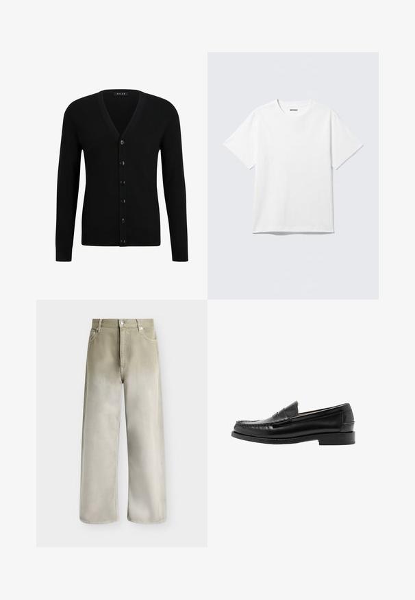 Zwarte V-hals cardigan gemaakt van zacht materiaal, met een zes-knopen voorkant, lange mouwen en geribde manchetten en onderkant.; Witte T-shirt met korte mouwen en ronde hals, plat gelegd, effen ontwerp, met een "WEEKDAY" label in de kraag op een lichte achtergrond.; Beige en lichtgrijze wijde jeans met voorzakken, riemlussen en een knoopsluiting.; Zwarte leren penny loafer met gestikte moc-toe, lage hak en glad gepolijste afwerking, zijaanzicht tegen een witte achtergrond.