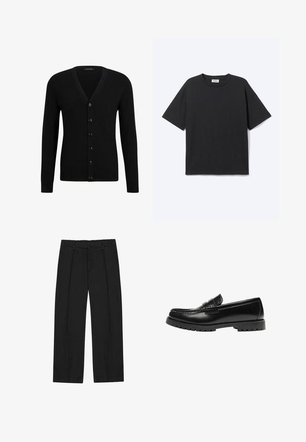 Schwarze V-Ausschnitt-Strickjacke aus weichem Material, mit einer sechs Knopf-Front, langen Ärmeln und gerippten Bündchen und Saum.; Schwarzes T-Shirt mit kurzen Ärmeln und Rundhalsausschnitt in lockerer Passform, Vorderansicht, schlichtes Design und sichtbares Weekday-Label im Krageninneren.; Schwarze Hose mit geradem Bein, ausgestattet mit Falten, seitlichen Taschen und einem flachen Bund. Hergestellt aus glattem Stoff mit mattem Finish.; Schwarzer Leder-Slipper mit dicker Gummisohle und klassischem Penny-Detail an der Riemen, von der Außenseite gezeigt.