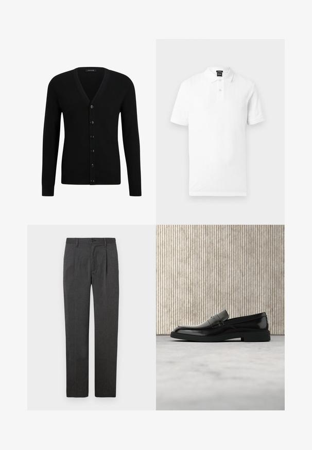 Schwarze V-Ausschnitt-Strickjacke aus weichem Material, mit einer sechs Knopf-Front, langen Ärmeln und gerippten Bündchen und Saum.; Weißes Poloshirt mit kurzen Ärmeln, zwei Knöpfen am Ausschnitt und subtiler vertikaler Rippstruktur, flach auf hellem Hintergrund liegend.; Graue maßgeschneiderte Hose mit geradem Bein, ausgestattet mit einer Bügelfalte, Reißverschluss und Knopfverschluss. Glatte Textur, klassisches Design.; Schwarzer, polierter Lederloafer, der über einem beigen Teppich schwebt, mit orangener, durchscheinender Möbel im Hintergrund.