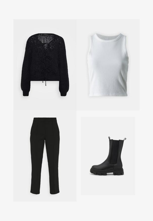 Vero Moda Petite VMALOA BOW CARDIGAN - Cardigan - black; Hvid ribbet tanktop med rund halsudskæring og ærmeløs design, med en lige kant og en glat, strækbar tekstur.; Stylein BEN - Bukser - black; Sort Chelsea-støvle lavet af læder og elastisk stof, med en kraftig gummisål med fremtrædende mønster og trækflapper for nem påtagning.