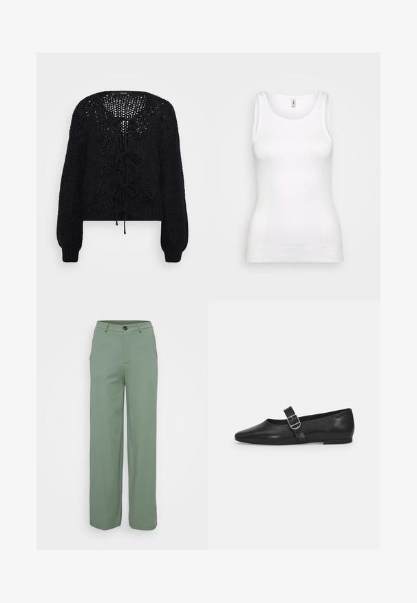 Vero Moda Petite VMALOA BOW CARDIGAN - Cardigan - black; Hvid, ribbet top med rund udskæring og brede stropper, der har en slank pasform, som følger kroppens konturer. Ingen synlige mønstre eller detaljer.; Bredde bukser i et lys grønt stof med en glat tekstur. Har en frontlukning med knap og to sidelommer.; Sorte læder flade sko med rund tå, et enkelt justerbart spænde og en glat, blank overflade. Minimalistisk design med en lav hæl.