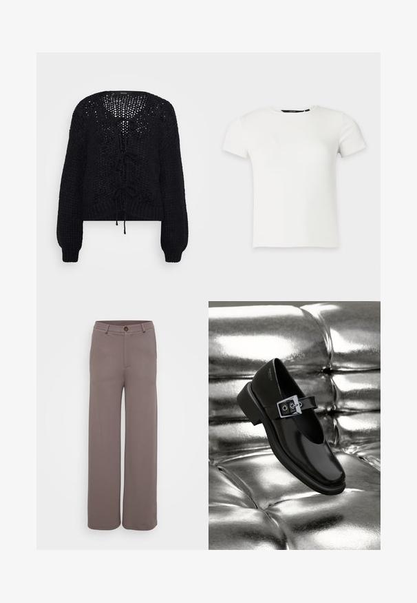 Vero Moda Petite VMALOA BOW CARDIGAN - Cardigan - black; Hvid kortærmet ribstrikket t-shirt med rund halsudskæring, vist på en ensartet lys grå baggrund.; Vide benbukser i et glat, dæmpet brunt stof med forlommer, en knaplukning og en skræddersyet talje.; Sorte læder Mary Jane sko med firkantet tå, en sølv spænde accent og en chunky lav hæl, sat mod en glansfuld sølv baggrund.