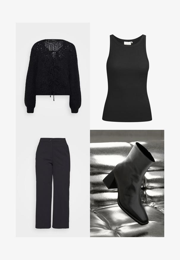 Vero Moda Petite VMALOA BOW CARDIGAN - Vest - black; Zwarte tanktop van ribstof, met een ronde hals en een aansluitende pasvorm. Platte naden en zonder versieringen. Eenvoudig en strak ontwerp.; Zwarte wijde broek van soepel stof, met een knoopsluiting en een strak, op maat gemaakt ontwerp zonder zichtbare zakken.; Zwarte enkellaarsjes van glanzend materiaal met een vierkante neus en taps toelopende hak, afgezet tegen een glanzende zilveren gecapitonneerde achtergrond.