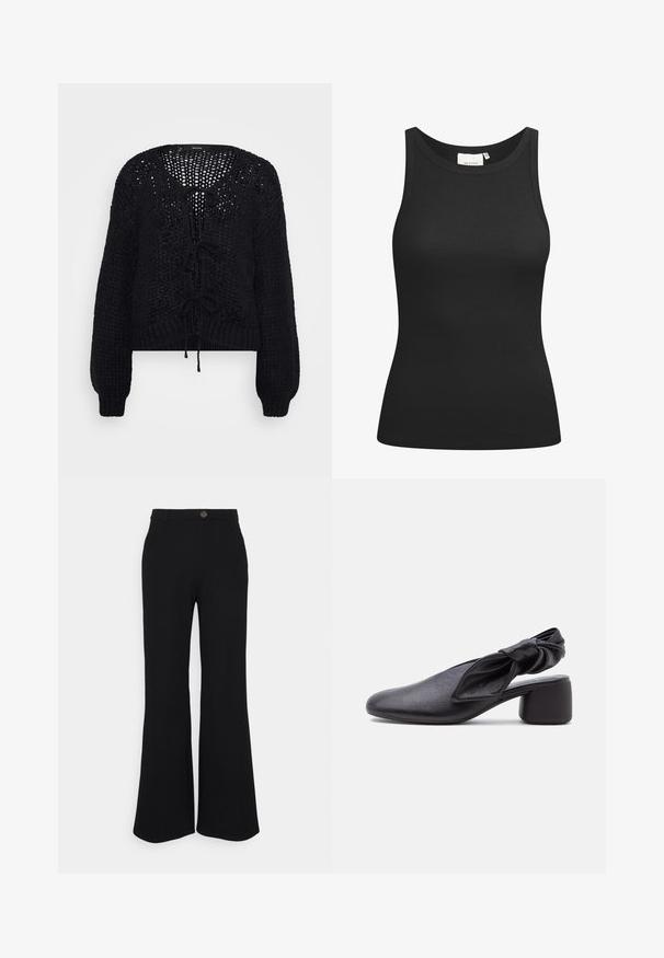 Vero Moda Petite VMALOA BOW CARDIGAN - Cardigan - black; Sort tanktop lavet af ribbet materiale, med en scooped halsudskæring og en tætsiddende form. Flade sømme og ingen udsmykninger. Enkel og strømlinet design.; Sorte flagrende bukser lavet af strækstof, der har en frontknaplukning og bæltestropper. Glat tekstur med jævn farve gennem hele stoffet.; Sort læder slingback-sko med rundet tå, detaljer med knyttet rem og lav blokhæl på hvid baggrund.