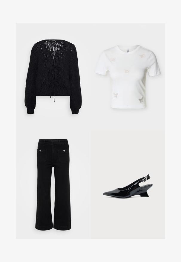 Vero Moda Petite VMALOA BOW CARDIGAN - Vest - black; Witte korte mouw crop-top met vijf kleine vlindervormige strassversieringen aan de voorkant.; Zwarte wijde spijkerbroeken van denim, met een hoge taille, twee achterzakken en zilveren drukknoopsluitingen. Soepele textuur met een strak ontwerp.; Zwarte lakleren slingback schoen met spitse neus en lage schuine blokhak op een effen lichte achtergrond.