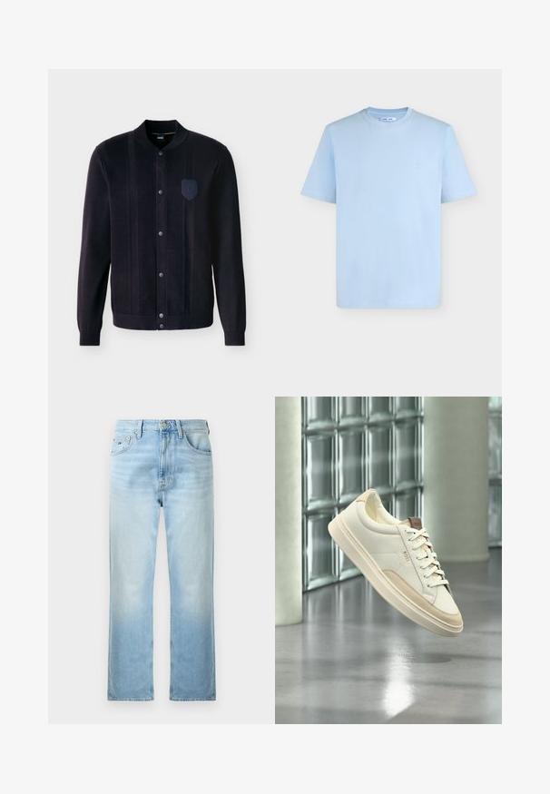 Veste en maille noire à boutons, avec poignets côtelés, col, rayures texturées verticales et une petite écusson brodé sur la poitrine gauche.; T-shirt bleu clair à manches courtes avec col rond et petit logo blanc sur la poitrine gauche, présenté sur un fond blanc uni.; Jean bleu clair à jambes droites avec poches avant, passants de ceinture et fermeture par bouton sur fond blanc uni.; Sneaker blanc à tige basse avec des accents beiges et des lacets, de la marque « BOSS », flottant au-dessus d’un sol poli avec un mur en blocs de verre en arrière-plan.