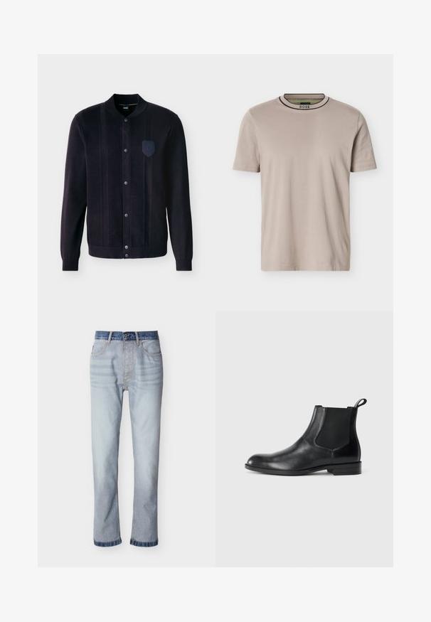Veste en maille noire à boutons, avec poignets côtelés, col, rayures texturées verticales et une petite écusson brodé sur la poitrine gauche.; T-shirt beige à manches courtes et col rond côtelé, avec des rayures noires et vertes sur le col et le logo "BOSS" à l'intérieur du col.; Jean denim bleu clair avec une ceinture bleu foncé, coupe droite, cinq poches et détails de couture visibles.; Bottine en cuir noir avec des panneaux latéraux élastiques, bout rond et tirette. Texture lisse, semelle plate, design minimaliste.