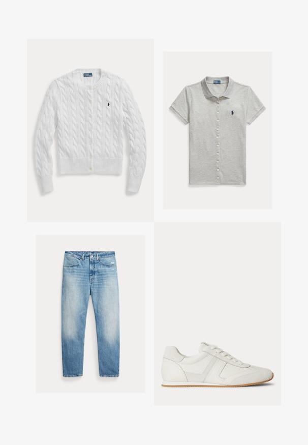 Hvid kabelstrikket cardigan med knapper, lange ærmer og en lille mørk broderet logo på venstre bryst.; Lysegrå kortærmet polo-skjorte med knapper og krave samt mørkeblå broderet Polo Ralph Lauren-logo på venstre bryst.; Lyseblå falmede jeans med lige ben, forlommer, knap- og lynlåslukning samt let slid på højre lår.; Hvid lavtop sneaker med snørelukning foran, ruskind- og læderpaneler og en lysebrun gummisål på en hvid baggrund.