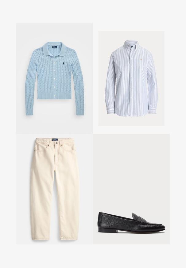 Polo Ralph Lauren CABLE-KNIT COTTON CARDIGAN - Kardigan - cold springs; Valge särg, millel on vertikaalsed helesinised triibud, nööbitav krae ja vasakul rinnal väike tikitud logo.; Kreemikas teksariidest sirge säärega püksid, ees taskud ja peene pealõikega detail. Metallist nööp ja tõmblukuga sulgemine.; Must värvi nahast loafer tekstureeritud viimistlusega, dekoratiivse rihmaga ja madala kanna ning sileda, minimalistliku disainiga ümmarguse ninaga.