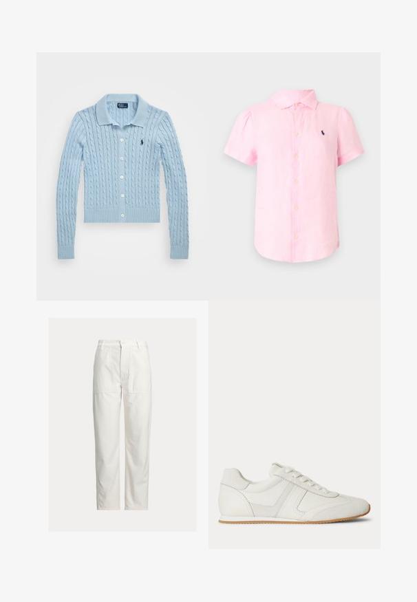 Polo Ralph Lauren CABLE-KNIT COTTON CARDIGAN - Kardigan - cold springs; Hele roosa lühikeste varrukatega nööbitav särk väikese tumeda logoga vasakul rinnal ja klassikalise kraega.; Valged sirgete pükstega püksid, suured esimesed taskud, vööaasad ja nööpidega kinnis vöökohal.; Valge madala säärega toss esikäepäradega, seemisnahast ja nahast paneelidega ning helepruuni kummipõhjaga, valgel taustal.
