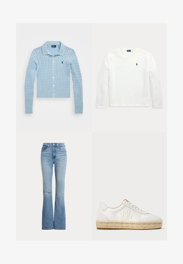 Polo Ralph Lauren CABLE-KNIT COTTON CARDIGAN - Ζακέτα - cold springs; Λευκό μακρυμάνικο μπλουζάκι με στρογγυλή λαιμόκοψη και μικρό σκούρο μπλε κεντητό λογότυπο αλόγου και αναβάτη στο αριστερό στήθος.; Φωτεινά γαλάζια ψηλόμεσα φαρδιά τζιν με μπροστινές τσέπες, κούμπωμα με κουμπί και φερμουάρ, και μια μικρή τρύπα στην περιοχή του αριστερού γονάτου.; Λευκό καμβά παπούτσι με υφασμάτινη σόλα espadrille, κεντημένο λογότυπο RL στο πλάι και παραδοσιακές στρογγυλές κορδόνες.