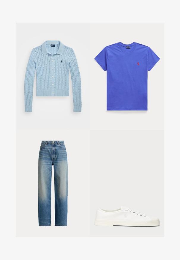 Polo Ralph Lauren CABLE-KNIT COTTON CARDIGAN - Kardigán - cold springs; Jednofarebné modré tričko s krátkym rukávom a okrúhlym výstrihom, s malým červeným vyšívaným logom Polo Ralph Lauren na ľavej strane hrudníka.; Modré rifle s vysokým pásom a rovnými nohavicami s vyblednutou prednou časťou a klasickým päťvreckovým dizajnom, zapínanie na gombík a zips.; Biele plátěné tenisky s okrúhlou špičkou, viazaním na šnúrky a diskrétnym logom. Majú štruktúrovanú textíliu a gumovú podrážku.