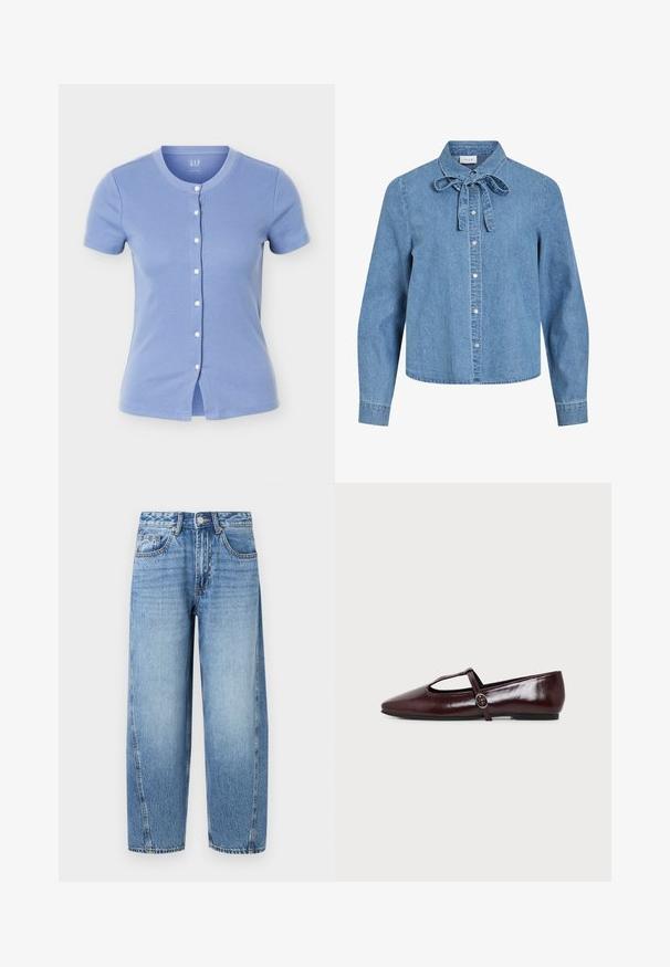 Haut en maille côtelée à manches courtes boutonné, bleu clair, avec un col rond et des boutons blancs au centre devant.; Chemise en denim bleu clair à manches longues avec des boutons-pression argentés sur le devant et un nœud noué au col.; Jean droit en denim bleu clair avec taille haute, fermeture à boutons et poches avant et poche monnaie.; Chaussure plate en cuir bordeaux foncé avec un bout pointu et une fine bride en T avec une boucle argentée sur fond blanc.