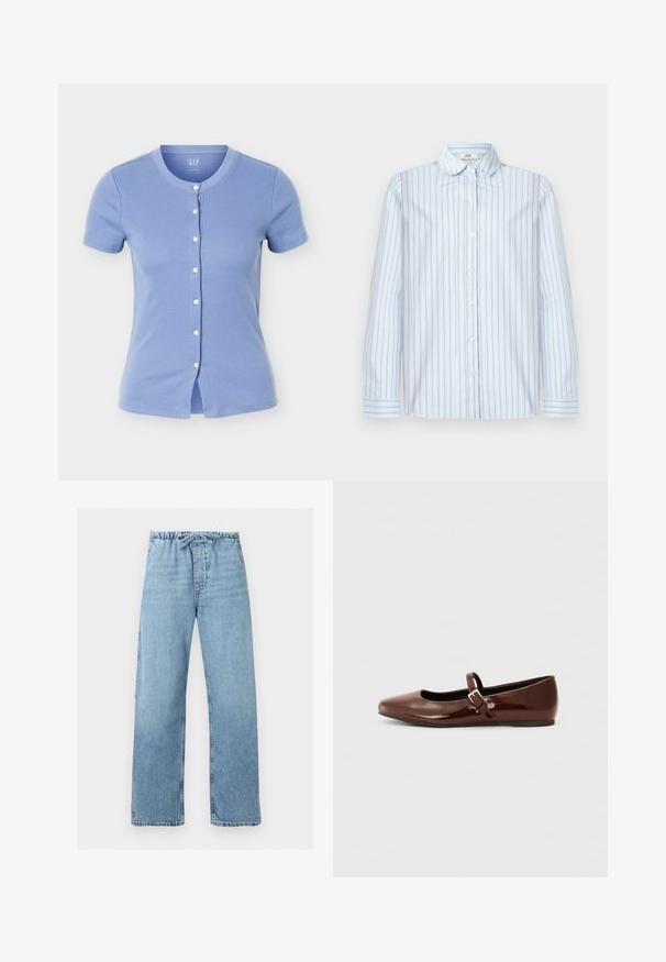 Haut en maille côtelée à manches courtes boutonné, bleu clair, avec un col rond et des boutons blancs au centre devant.; Chemise à manches longues bleu clair avec des fines rayures verticales bleu marine et rouges et un col pointu, posée à plat sur un fond blanc.; Jean en denim bleu clair avec jambes larges, taille élastique et lien à cordon, présenté à plat sur fond blanc.; Ballerine en cuir verni marron avec un bout carré et une lanière ornée d'une petite boucle dorée. Texture lisse, talon bas et design minimaliste.
