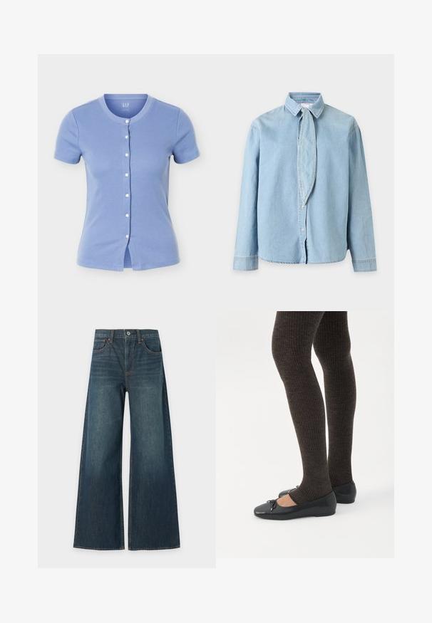 Haut en maille côtelée à manches courtes boutonné, bleu clair, avec un col rond et des boutons blancs au centre devant.; Chemise en denim bleu clair à manches longues avec col pointu et détail d'un lien étroit en tissu au niveau de l'encolure, boutonnée à l'avant.; Jean en denim bleu à jambes larges avec cinq poches, fermeture par bouton et coutures marron visibles, présenté à plat sur fond blanc.; Jambes portant des leggings côtelés foncés associés à des ballerines noires avec de petits détails en nœud sur fond blanc.