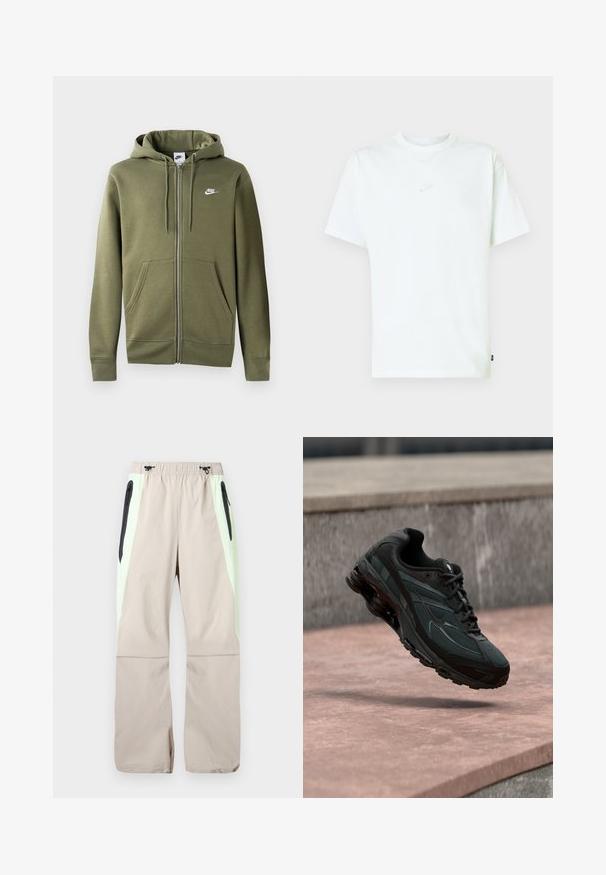 Sudadera con cremallera en color verde oliva, fabricada en un tejido suave. Cuenta con una cremallera frontal, dos bolsillos laterales y un logo de Nike blanco en el pecho izquierdo.; Camiseta blanca de algodón con cuello redondo, mangas cortas y un pequeño logo de Nike en relieve en el pecho. Textura suave y ajuste relajado.; Pantalones beige con paneles laterales verde claro, bolsillos en el muslo con cremallera negra y cintura elástica con cordones negros.; Zapatilla deportiva negra con entresuela visible con amortiguación de aire que flota sobre una superficie de piedra rosa con un fondo de pared de piedra gris.