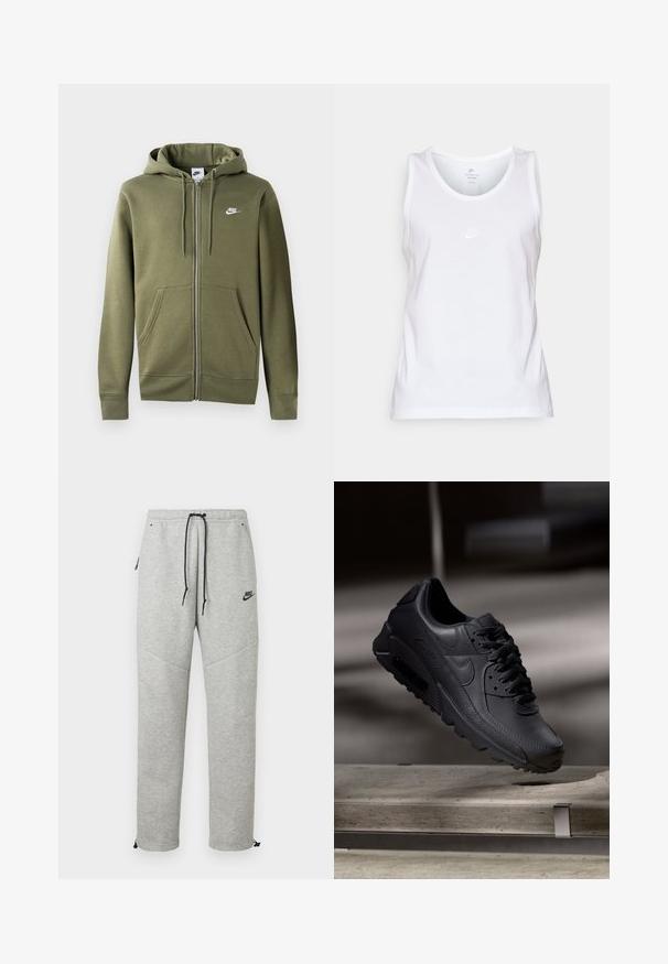 Olijfgroene zip-up hoodie van zacht materiaal, met een voorzijde rits, twee zijzakken en een wit Nike-logo op de linker borst.; Witte katoenen top met een ronde halslijn, zonder mouwen en een klein ton-sur-ton Nike-logo op de voorkant. Zachte textuur.; Grijze Nike trainingsbroek met een verstelbare tailleband, zijzakken en elastische boorden. Heeft een soepele textuur en contrasterende zwarte logo-details.; Zwarte Nike Air Max sneakers met een bovenwerk van gestructureerd leer, rubberen zool en een opvallend vetersysteem, dat een strakke, moderne uitstraling heeft.