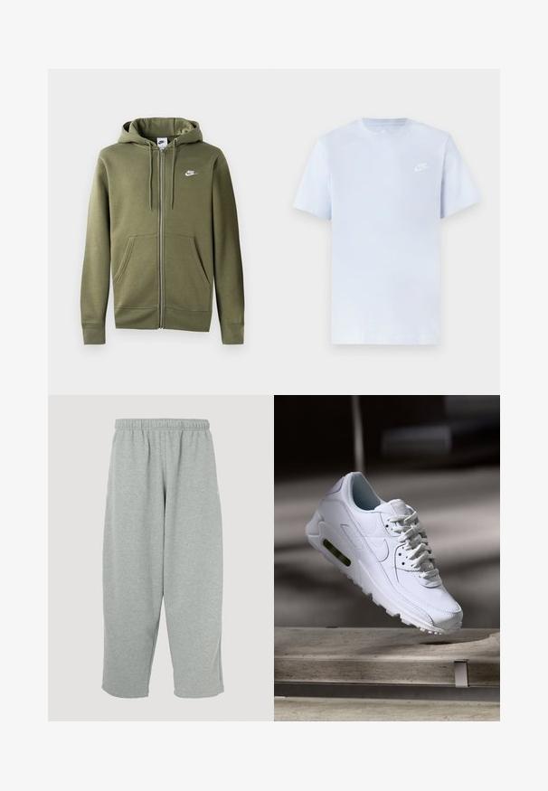 Olivengrøn zip-up hoodie i blødt stof med en frontlynlås, to sidelommer og et hvidt Nike-logo på venstre bryst.; Lyseblå bomulds t-shirt med korte ærmer, rund hals og et hvidt Nike-logo trykt på venstre bryst. Glat tekstur, simpelt design.; Lysegrå joggingbukser med elastisk taljebånd, konisk ben-design og blød tekstur. Ingen synligt mærke eller mønstre.; Hvide lædersneakers med teksturerede overflader, polstret krave og synlig luftpolstring i sålen. Har snørrebånd og et minimalistisk design.