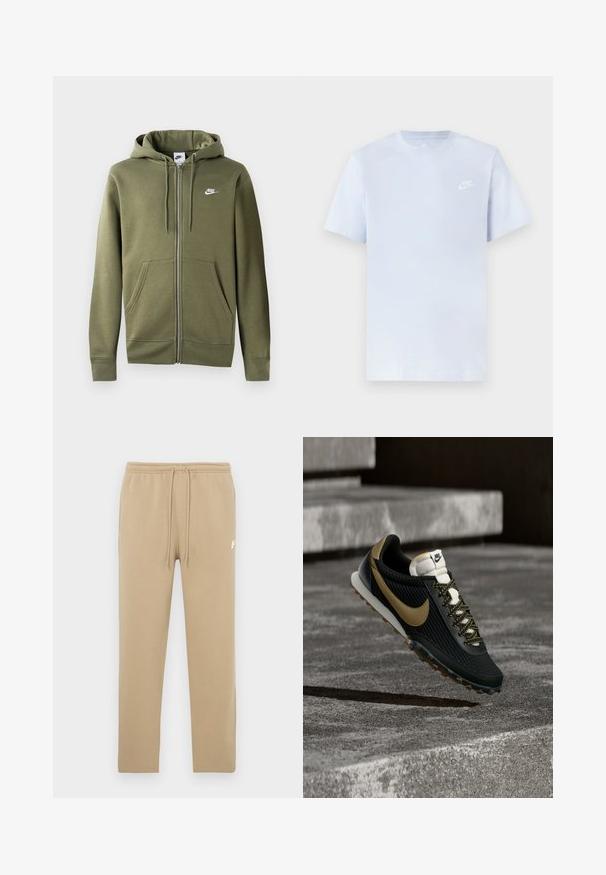 Olivengrøn zip-up hoodie i blødt stof med en frontlynlås, to sidelommer og et hvidt Nike-logo på venstre bryst.; Lyseblå bomulds t-shirt med korte ærmer, rund hals og et hvidt Nike-logo trykt på venstre bryst. Glat tekstur, simpelt design.; Beige sweatpants med elastisk talje og snøre, med lille hvid Nike-logo på øvre venstre lår.; Sort og guld Nike løbesko med tekstureret overdel og mønstret snøre, der svæver over ru betongulv og trin.
