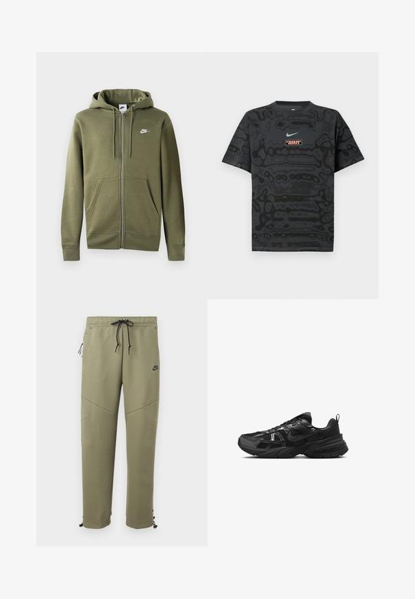 Sudadera con cremallera en color verde oliva, fabricada en un tejido suave. Cuenta con una cremallera frontal, dos bolsillos laterales y un logo de Nike blanco en el pecho izquierdo.; Camiseta negra con un patrón texturizado, que presenta un pequeño logotipo de Nike en azul claro y un parche rectangular con el logotipo en colores contrastantes.; Pantalones deportivos verdes oliva de Nike con cordones negros, bolsillo lateral con cremallera, paneles en la rodilla y lazos ajustables en los tobillos.; Zapatilla deportiva negra con parte superior de malla, suela de goma y acentos texturizados. Presenta un diseño de cordones y un logotipo distintivo en el lateral.