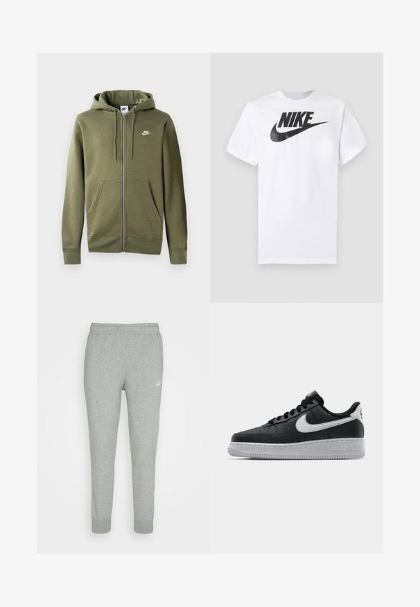 Olivgrüne Zip-Hoodie aus weichem Material mit einem Frontreißverschluss, zwei Seitentaschen und einem weißen Nike-Logo auf der linken Brust.; Weißes kurzärmeliges T-Shirt mit schwarzem Nike-Logo und Swoosh, zentriert auf der Brust, vor einfarbigem grauem Hintergrund.; Graue Sweatpants aus weichem Stoff, mit schmal zulaufendem Bein, elastischem Bund und kleinem weißen Nike-Logo am linken Oberschenkel.; Schwarze Ledersneaker mit strukturierten Oberflächen, weißem Nike-Swoosh, grauer Sohle, runder Zehenpartie und Schnürdesign. Verfügt über Perforationen an der Zehenbox.