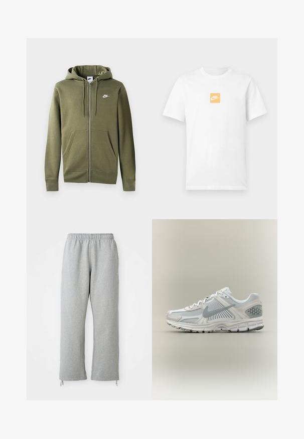 Oliivroheline tasku ja eessuunaga kapuutsiga jope pehmest kangast, millel on esine tõmblukk, kaks küljetaskut ja valge Nike logo vasakul rinnal.; Valge lühikeste varrukatega puuvillane T-särk, mille rinnal on väike oranž ruut valge Nike'i logoga ja Swoosh'iga.; Hallid hallid dressipüksid elastse vöökohtadega, sirged sääred ja nööraktsendid all. Valmistatud pehmest, tekstureeritud kangast.; Valge ja hall Nike jooksujalats, millel on võrk- ja sünteetilised pealiskihid, hall Swooshi logo, pehmendusega tald ja tekstuuriga kanna tugi.