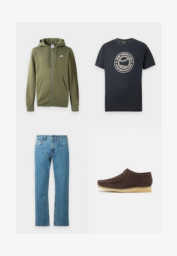 Olivgrüne Zip-Hoodie aus weichem Material mit einem Frontreißverschluss, zwei Seitentaschen und einem weißen Nike-Logo auf der linken Brust.; Marineblaues Baumwoll-T-Shirt mit einem cremefarbenen Kreisaufdruck, auf dem der Text "BOSS TENNIS CLUB" und ein Tennisball-Design in der Mitte zu sehen sind.; Blaue Jeans aus Denim mit geradem Bein, ausgestattet mit einem klassischen Fünf-Taschen-Design und dezenten Steppnähten.; Braune Wildlederschuhe mit glatter Oberfläche, runder Zehenform und minimalistischem Design. Verfügt über eine hellfarbene Gummisohle und kontrastierende Schnürdetails.