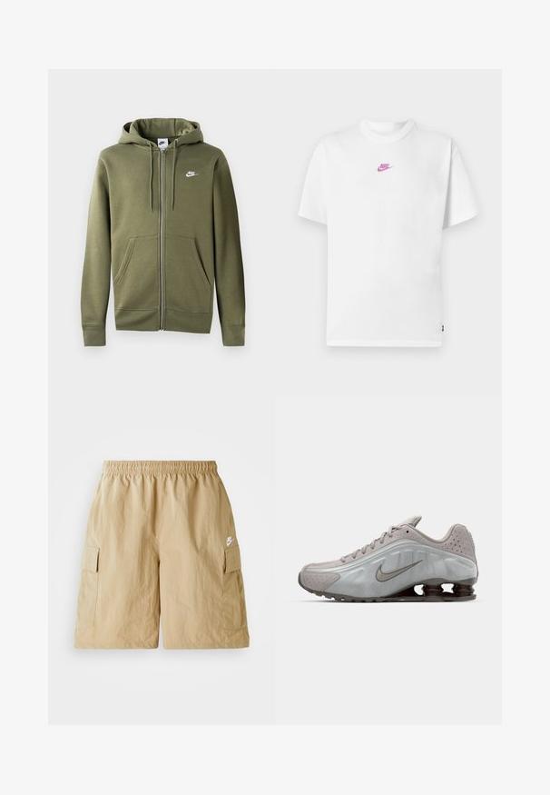 Olivengrøn zip-up hoodie i blødt stof med en frontlynlås, to sidelommer og et hvidt Nike-logo på venstre bryst.; Hvid Nike t-shirt med korte ærmer, lille pink logo centreret på brystet og rund hals.; Beige cargo shorts med elastisk talje, forlommer og et lille hvidt Nike-logo. Letvægtsstof med en krøllet tekstur.; Nike løbesko i lysegrå med en glat tekstur, buet design og synlige støddæmpningsfjeder i mørkebrun ved hælen.