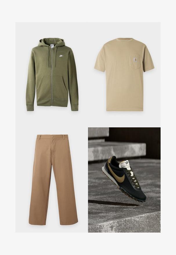 Olivgrüne Zip-Hoodie aus weichem Material mit einem Frontreißverschluss, zwei Seitentaschen und einem weißen Nike-Logo auf der linken Brust.; Beige T-Shirt mit kurzen Ärmeln aus Baumwolle, mit einer Brusttasche links und einem Logo-Patch. Klassischer Rundhalsausschnitt mit regulärer Passform.; Beige weit geschnittene Hosen mit Gürtelösen, vorderem Knopf- und Reißverschluss, vor einem einfarbigen hellen Hintergrund dargestellt.; Schwarzer und goldener Nike Laufschuh mit strukturiertem Obermaterial und gemusterten Schnürsenkeln, der über einer rauen Betonfläche und Stufen schwebt.