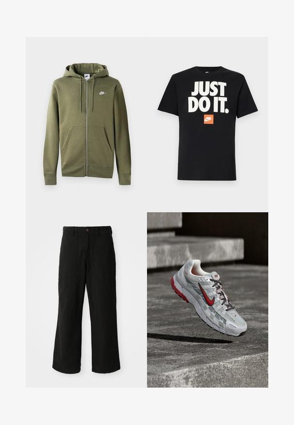 Olivgrüne Zip-Hoodie aus weichem Material mit einem Frontreißverschluss, zwei Seitentaschen und einem weißen Nike-Logo auf der linken Brust.; Schwarzes Baumwoll-T-Shirt mit kurzen Ärmeln. Mit großem weißen Text "JUST DO IT." über einem kleinen orangen Nike-Logo. Standard Rundhalsausschnitt.; Schwarze weit geschnittene Hose aus weichem Stoff, mit Fronttaschen und einem Knopfverschluss an der Taille. Minimalistisches Design ohne sichtbare Muster.; Weißer und grauer Nike-Laufschuh mit roten Akzenten und schwarzen Schnürsenkeln, schwebend über grauen Betonstufen.