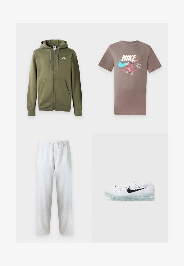 Sudadera con cremallera en color verde oliva, fabricada en un tejido suave. Cuenta con una cremallera frontal, dos bolsillos laterales y un logo de Nike blanco en el pecho izquierdo.; Camiseta de algodón marrón con un gráfico colorido de un personaje con gafas de sol, junto a los logos de Nike y Air en colores contrastantes.; Pantalones deportivos grises hechos de tela suave, con una cintura elástica con cordón y piernas rectas. No se observan patrones ni detalles.; Zapatilla deportiva blanca con parte superior de tejido de punto, logo de Nike en negro, suela de burbujas de aire transparente y textura perforada para transpirabilidad.