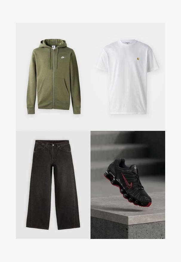 Olijfgroene zip-up hoodie van zacht materiaal, met een voorzijde rits, twee zijzakken en een wit Nike-logo op de linker borst.; Witte katoenen t-shirt met korte mouwen en ronde hals, voorzien van een klein gouden logo op de linkerkant van de borst. Zachte textuur en een normale pasvorm.; Zwarte wijdere denim jeans met voorzakken, knoopsluiting en ceintuurlussen, plat neergelegd op een lichte achtergrond.; Zwarte en rode Nike sportschoen met zichtbare veerachtige zool, balancerend op de rand van een betonnen trede.