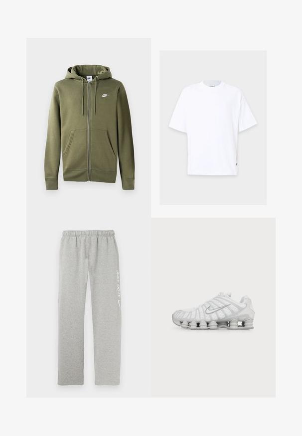 Olijfgroene zip-up hoodie van zacht materiaal, met een voorzijde rits, twee zijzakken en een wit Nike-logo op de linker borst.; Wit T-shirt met korte mouwen en een ronde hals, rechte snit en een klein zwart labeltje bij de onderzoom op een lichte achtergrond.; Grijze sweatpants van zacht materiaal met een elastische tailleband. Voorzien van witte tekst "JUST DO IT" en het Nike swoosh-logo op één been.; Witte Nike hardloopschoen met zichtbare luchtdempende zool en zilveren swoosh-logo aan de zijkant, gezien vanaf de buitenkant.