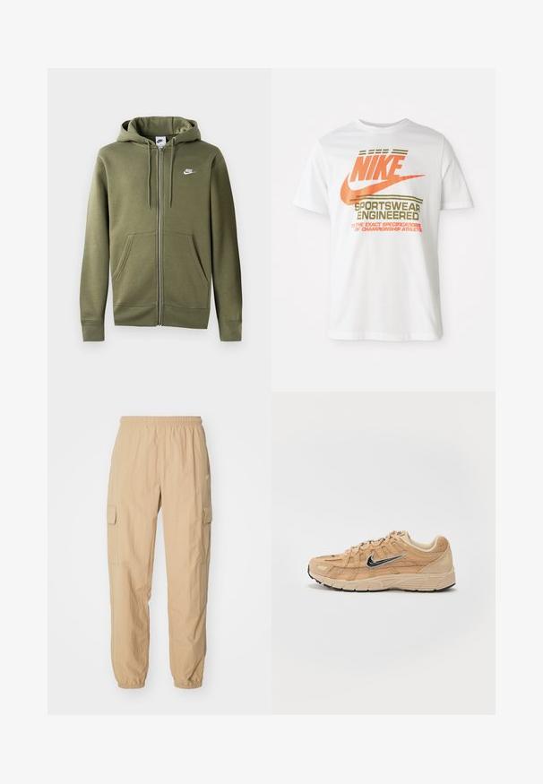 Sudadera con cremallera en color verde oliva, fabricada en un tejido suave. Cuenta con una cremallera frontal, dos bolsillos laterales y un logo de Nike blanco en el pecho izquierdo.; Camiseta de algodón blanca con un gran logo naranja de "NIKE" y texto verde que dice "SPORTSWEAR ENGINEERED" junto con especificaciones adicionales.; Pantalones cargo beige hechos de una tela ligera, con una cinturilla elástica, dos bolsillos laterales y puños elásticos en los tobillos.; Zapatilla deportiva beige con materiales de malla y ante, silueta curva, suela negra, prominente logo plateado de Nike en el lateral y acentos texturizados.