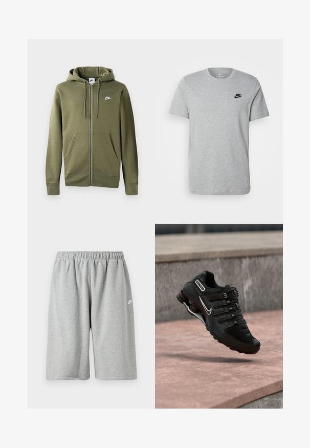 Olijfgroene zip-up hoodie van zacht materiaal, met een voorzijde rits, twee zijzakken en een wit Nike-logo op de linker borst.; Grijze T-shirt met korte mouwen van katoen, voorzien van een zwart Nike-logo op de borst en een ronde halslijn. Minimalistisch ontwerp zonder patronen.; Grijze katoenen shorts met een elastische tailleband, voorzien van een losse pasvorm en een klein wit logo vlakbij de zoom. Gladde textuur, boven-knielengte.; Zwarte Nike Shox hardloopschoen met wit swoosh-logo, zwevend boven een roze betonoppervlak tegen een grijze stenen muur als achtergrond.
