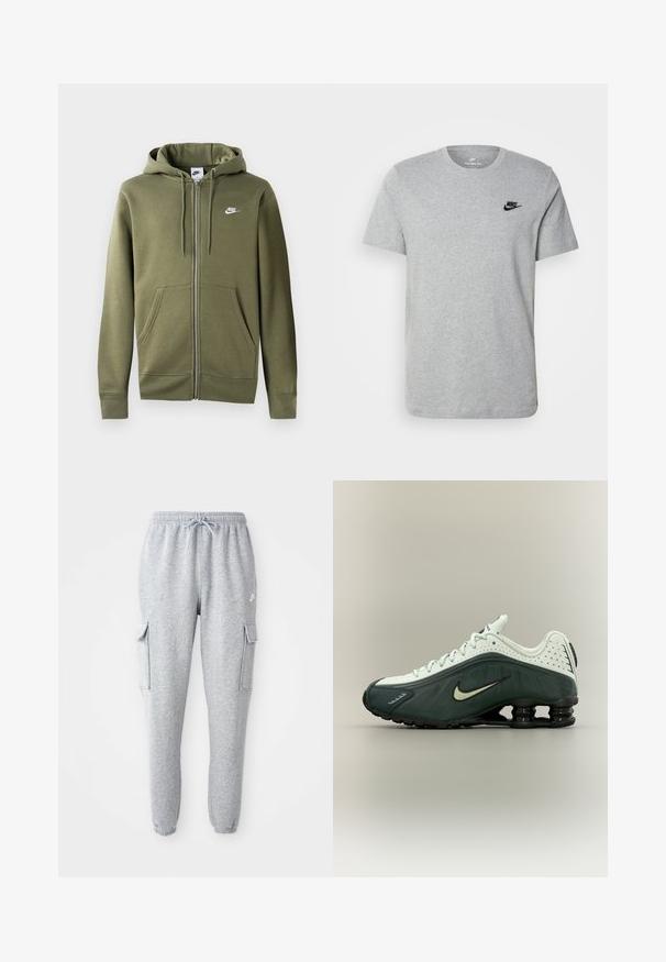 Oliivroheline tasku ja eessuunaga kapuutsiga jope pehmest kangast, millel on esine tõmblukk, kaks küljetaskut ja valge Nike logo vasakul rinnal.; Halli lühikeste varrukatega T-särk, mis on valmistatud puuvillast ja millel on rinnal must Nike'i logo ning ümar kaelus. Minimalistlik disain, ilma mustriteta.; Hallid hallid dressipüksid, mis on valmistatud pehmest kangast ja millel on elastne vöökoht koos nööridega, kaks külgset kottide taskut ja kitsenevad sääred.; Valge ja tumeroheline Nike toss musta, vedrukujulise tallaga ja nööridega, kujutatud külgvaates neutraalsel taustal.