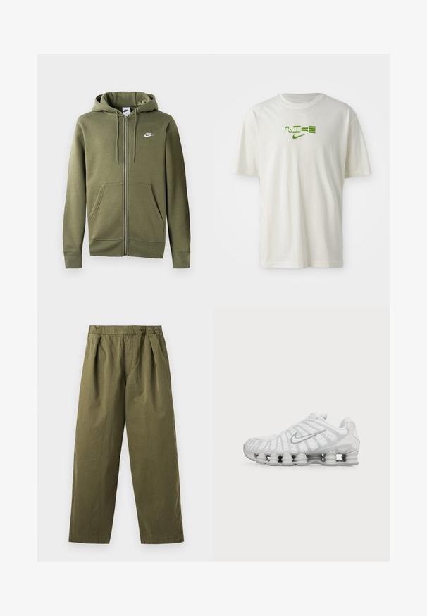 Olijfgroene zip-up hoodie van zacht materiaal, met een voorzijde rits, twee zijzakken en een wit Nike-logo op de linker borst.; Witte katoenen t-shirt met een groene grafische print van het woord "NIKE" en logo. Korte mouwen en ronde halslijn. Soepele textuur.; Olijfgroene broek met wijde pijpen, een elastische tailleband en plooien aan de voorkant, getoond tegen een lichte achtergrond.; Witte Nike hardloopschoen met zichtbare luchtdempende zool en zilveren swoosh-logo aan de zijkant, gezien vanaf de buitenkant.