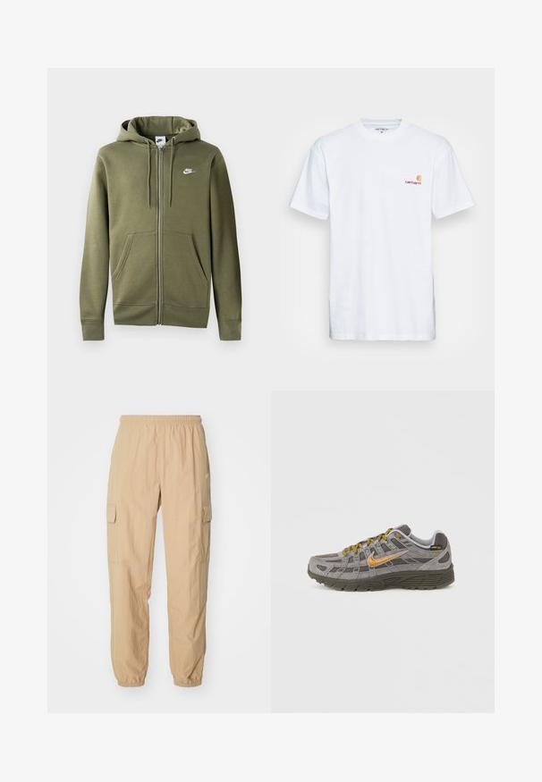 Oliivroheline tasku ja eessuunaga kapuutsiga jope pehmest kangast, millel on esine tõmblukk, kaks küljetaskut ja valge Nike logo vasakul rinnal.; Valge puuvillane T-särk lühikeste varrukatega. Disainitud väikese oranži ja marooni logoga vasakul rinnal. Omab klassikalist ümarat kaelust.; Beežid cargo püksid, mis on valmistatud kergest kangast, elastse vöökoha, kahe külje tasku ja elastsete kinnitustega pahkluude juures.; Hallid seemisnahast tossud kuldsete detailide, tekstuuriga paneelide ja sobivate paeltega. Omavad pehmendusega tallaga ja külje peal logodega detaile.
