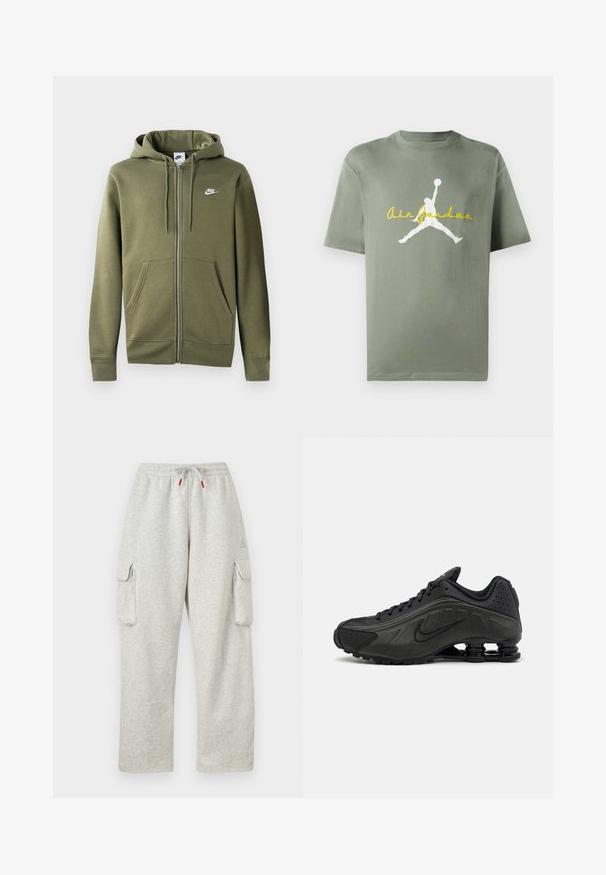 Olivgrüne Zip-Hoodie aus weichem Material mit einem Frontreißverschluss, zwei Seitentaschen und einem weißen Nike-Logo auf der linken Brust.; Olivegrünes Baumwoll-T-Shirt mit Rundhalsausschnitt, das ein weißes Air Jordan-Logo und gelben Text darunter zeigt. Kurze Ärmel, lässige Passform.; Hellgraue Sweatpants mit elastischem Bund, Kordelzug mit roten Enden und großen Klappentaschen auf beiden Oberschenkeln.; Schwarze Laufschuhe mit einem glatten synthetischen Obermaterial, durchbrochenen Akzenten, strukturierten Seitenpaneelen und einer ausgeprägten federnden Sohle.