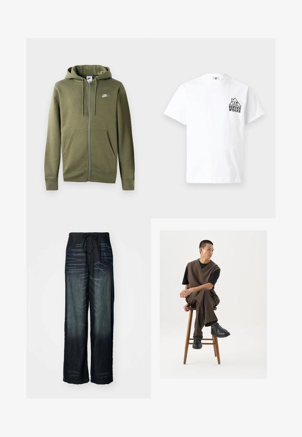 Olivgrüne Zip-Hoodie aus weichem Material mit einem Frontreißverschluss, zwei Seitentaschen und einem weißen Nike-Logo auf der linken Brust.; Weißes T-Shirt mit kurzen Ärmeln, schwarzem "SERVICE WORKS"-Schriftzug und bergähnlicher Grafik auf der linken Brust.; Weite Jeans mit allmählichem Farbverlauf in dunklem Denim. Verfügt über einen elastischen Bund mit Kordelzug. Glatte Textur mit dezenten Abnutzungsspuren.; Brauner Strickwesten über einem schwarzen T-Shirt, kombiniert mit braunen weiten Hosen und schwarzen klobigen Schuhen, auf einem Holzschemel sitzend.