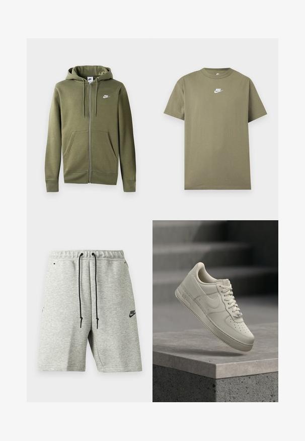 Olijfgroene zip-up hoodie van zacht materiaal, met een voorzijde rits, twee zijzakken en een wit Nike-logo op de linker borst.; Olijfgroene Nike T-shirt met korte mouwen en ronde hals met een wit logo op de borst op een effen lichtgrijze achtergrond.; Lichtgrijze Nike short met zwarte trekkoorden, elastische taille, zijzakken en een klein zwart Nike-logo op het linkerbeen.; Enkele beige sneaker met veters zweeft boven een grijs betonnen oppervlak, Nike-logo zichtbaar, trap op de achtergrond wazig.