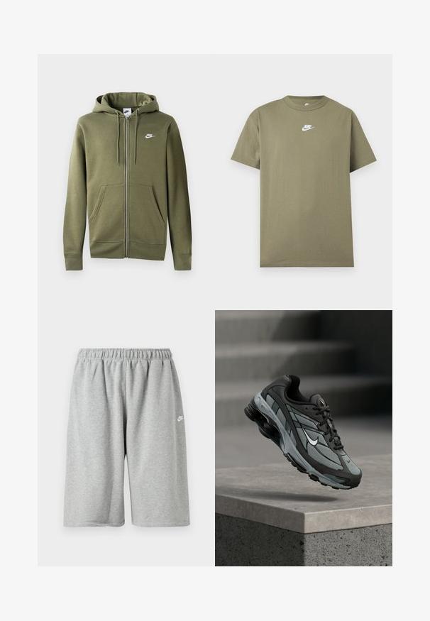 Olivgrüne Zip-Hoodie aus weichem Material mit einem Frontreißverschluss, zwei Seitentaschen und einem weißen Nike-Logo auf der linken Brust.; Olivgrünes Nike T-Shirt mit kurzen Ärmeln und Rundhalsausschnitt, mit weißem Logo auf der Brust vor einem einfarbigen hellgrauen Hintergrund.; Graue Baumwollshorts mit elastischem Bund, locker geschnitten und einem kleinen weißen Logo nahe dem Saum. Glatte Textur, knielang.; Grauer und schwarzer Sportschuh mit Netzpaneelen und dicker Sohle, schwebend in der Luft über einer Betonmauer mit Treppen im Hintergrund.