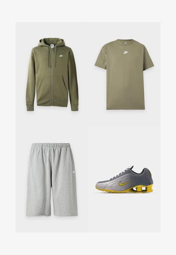 Olivgrüne Zip-Hoodie aus weichem Material mit einem Frontreißverschluss, zwei Seitentaschen und einem weißen Nike-Logo auf der linken Brust.; Olivgrünes Nike T-Shirt mit kurzen Ärmeln und Rundhalsausschnitt, mit weißem Logo auf der Brust vor einem einfarbigen hellgrauen Hintergrund.; Graue Baumwollshorts mit elastischem Bund, locker geschnitten und einem kleinen weißen Logo nahe dem Saum. Glatte Textur, knielang.; Nike Sportswear SHOX R4 SE UNISEX - Sneaker low - vast grey/bright citron/light graphite/smoke grey/white/black